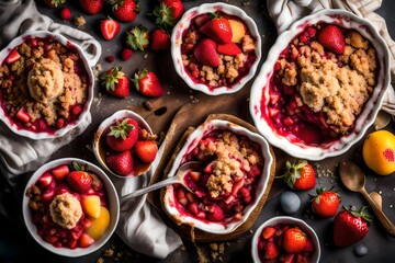 A visually stunning composition of a strawberry rhubarb crumble, highlighting the golden brown...