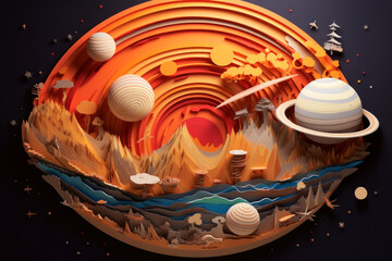Layered style paper cut illustration of a colored space composition. Created using generative AI.