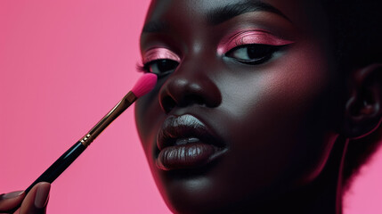 Close-up of the face of a young dark skin woman applying blush or powder to her face with a brush. Beauty shot. - obrazy, fototapety, plakaty