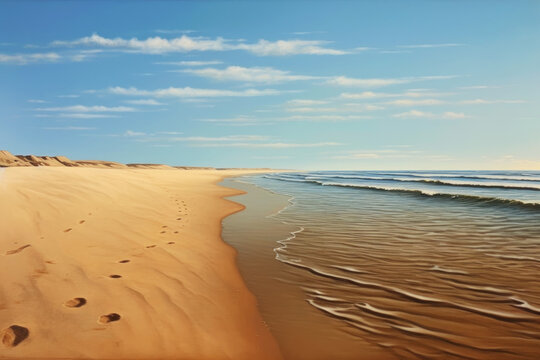 Beautiful seascape in digital watercolor style. Sandy beach with rocks and sea waves