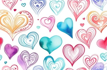 Hand drawn hearts and love signs romantic seamless pattern. Isolated drawn multi-colored repeating patterns on a white background. Cute doodle heart style seamless pattern on white background