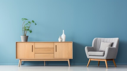 Modern living room wooden buffet with sofa and blue wall.wall Art , Poster , Interior Design , illustration  , Wallpaper , 