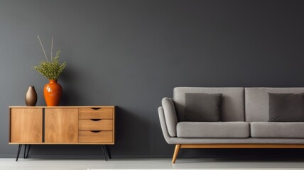 Modern living room wooden buffet with sofa and dark wall.wall Art , Poster , Interior Design , illustration  , Wallpaper , 
