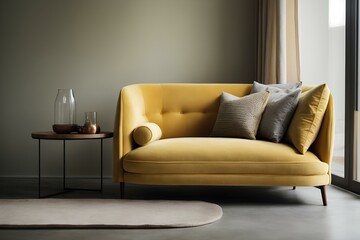 yellow armchair and coffee table on a gray wall background