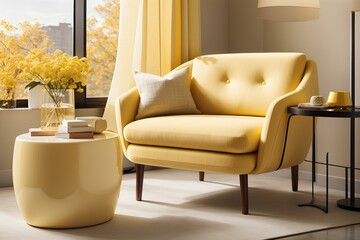 modern living room interior with yellow armchair, coffee table and plant. modern living room interior