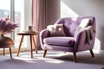purple armchair with pillow and coffee table in living room, interior design