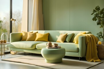 Green sofa in modern living room with big window