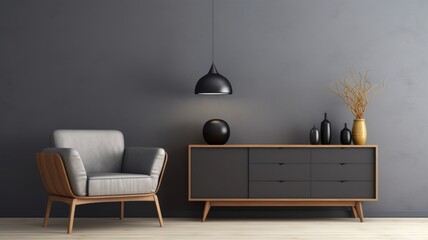 Modern living room wooden buffet with sofa and dark wall.wall Art , Poster , Interior Design , illustration  , Wallpaper , 
