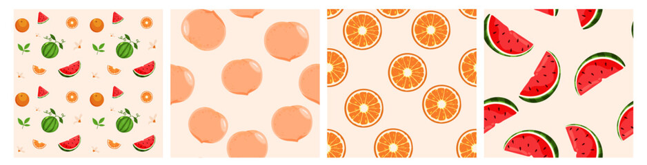 Juicy Watermelon, Oranges, Peaches. Fresh tasty Fruits. Vector illustrations. Set of four Seamless Patterns. Background, wallpaper. For textile Prints or Wrapping paper