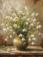 Spring Snowdrop in Vase. Retro Floral