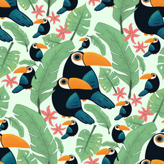 Seamless Pattern with Toucans, Green Tropical Leaves and Pink Orchids on a Light Green Background