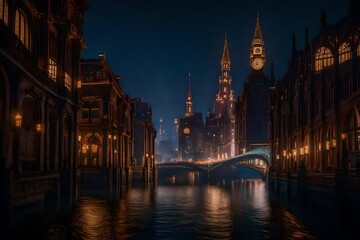 Fototapeta na wymiar A steampunk-inspired cityscape, where Victorian-era architecture meets futuristic inventions, with airships soaring between towering clock towers and ornate iron bridges spanning wide canals.