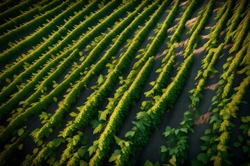 A field of hops plants climbing up trellises, ready for harvest, symbolizing the craft of brewing and the richness of flavors to come.