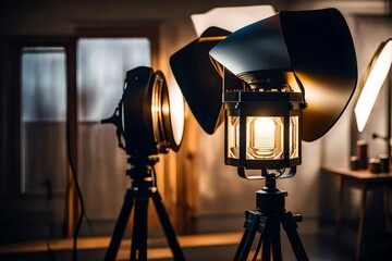 A high-powered studio lamp illuminating a photographer's studio, highlighting the artistry of capturing light and shadow.