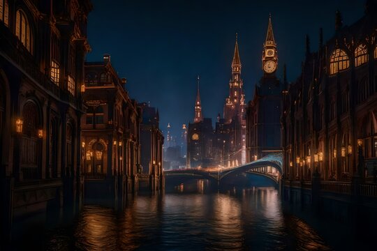 A steampunk-inspired cityscape, where Victorian-era architecture meets futuristic inventions, with airships soaring between towering clock towers and ornate iron bridges spanning wide canals. - Powered by Adobe
