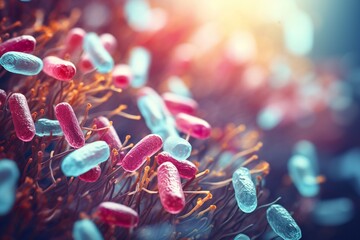 Probiotics Bacteria Biology Microorganisms under microscope - obrazy, fototapety, plakaty