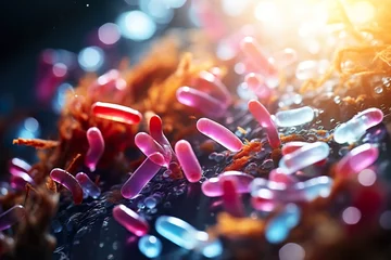 Fotobehang Probiotics Bacteria Biology Microorganisms under microscope © jakapong