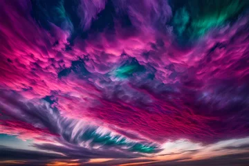 Poster Mélange de couleurs A breathtaking display of iridescent clouds in shades of magenta, emerald, and sapphire, dancing across the heavens.