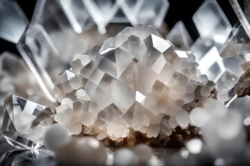 A close-up of a quartz crystal cluster, capturing the intricate geometric shapes and transparent clarity, with the reflections of surrounding objects visible on its smooth surfaces.