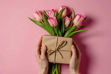 Woman's hands holding wrapped gift box and pink tulips. Top view on pink background