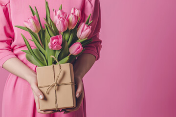 Woman holding wrapped gift box and pink tulips. Cropped image on pink background