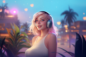 Young adult blonde woman in tank top with headphones enjoying a dusk summer party among palm trees, embodying a cheerful holiday leisure concept. - obrazy, fototapety, plakaty