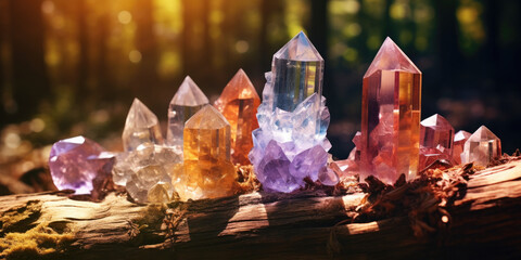 A row of colorful, transparent crystals in a natural setting, showcasing their beauty and geological charm. - obrazy, fototapety, plakaty