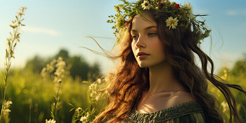 A romantic and sensual portrait of a young woman in a floral wreath in a meadow.