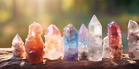 A set of colorful and transparent quartz crystals, aligned for meditation, healing, and spiritual practices. - obrazy, fototapety, plakaty