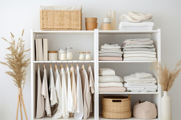 A modern interior with a clean and organized clothes rack, showcasing folded textiles, and a variety of stylish apparel.