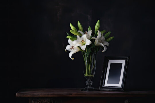 A mourning white lily bouquet and a photo frame against a black background, symbolizing purity and elegance.