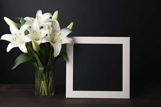Elegant lily bouquet and an elegant frame on a charming wooden table.