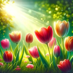 Sunlit Tulip Field Bloom - Springtime Floral Splendor