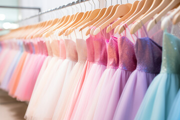 Many elegant pastel color formal dresses for sale in luxury modern shop boutique. Prom gown,...