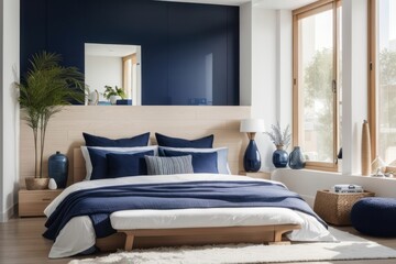 Interior home design of modern bedroom with white bed, blue pillow and blue blanket beside the window