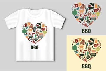 BBQ barbecue and grill related flat vector icons set in the shape of a heart. Vector concept with t-shirt mockup