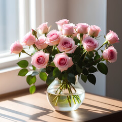 bouquet of pink roses on the table in a vase
