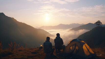 Asia teenagers who be friends, going to do a camping, pitch a tent, enjoy their coffee in early morning, all looking forward to see early morning sunset that slowly rise up behide mountain. - obrazy, fototapety, plakaty