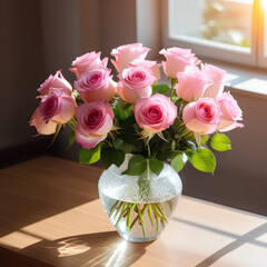 bouquet of pink roses on the table in a vase