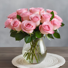 bouquet of pink roses on the table in a vase