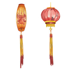 Set of watercolor illustrations. Chinese lanterns for the New Year. Red and yellow lanterns with patterns and pendants, hand-painted in watercolor. Suitable for cards, posters, design and scrapbooking