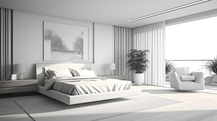 Fototapeta na wymiar Modern home interior. Modern minimalist bedroom ideas. Ambient Occlusion is the simulation of shadows between objects in the scene., white and black.