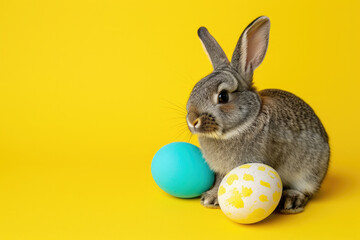 Fototapeta na wymiar Charming Rabbit with Colorful Easter Eggs on Yellow Background Copy Space