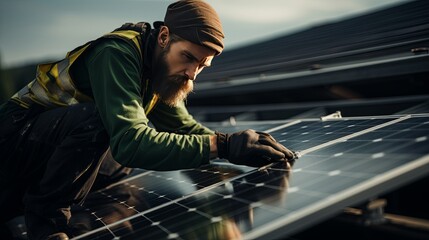 Solar array is installed on a rooftop with a solar technician on it, in the style of dark emerald and gray, constructivist inspiration, uhd image, solapunk, use of earth tones, website, skillful.