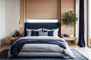 Interior home design of modern bedroom with white bed, blue pillow and blue blanket beside the window