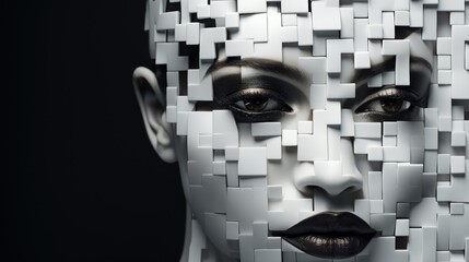 Abstract female fashion portrait with 3D elements. Mystical black, white, gold image of a woman's face