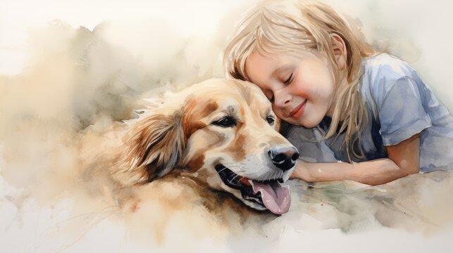 Watercolor drawing of a child cuddling with a dog. Concept of childhood and caring for animals.