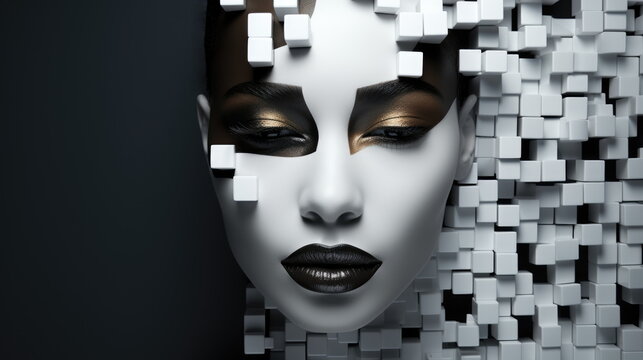 Abstract female fashion portrait with 3D elements. Mystical black, white, gold image of a woman's face