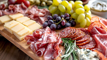 Charcuterie board, close up. Gourmet appetizers platter, finger food concept. Assorted charcuterie feast with cheeses, assorted cured meat and grapes. Finger food, delicious snacks