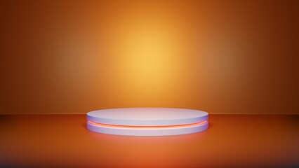 Display stand on orange background. 3d podium in neon colors and gradient.